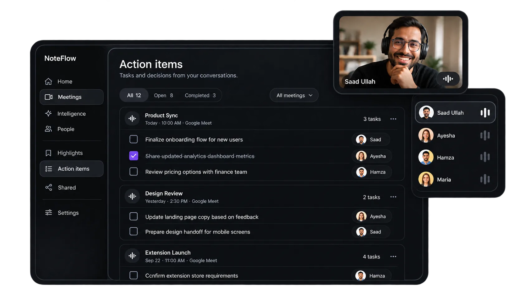 NoteFlow's Action items screen: tasks and decisions pulled from meetings, each with an owner, alongside a live call tile with per-speaker audio