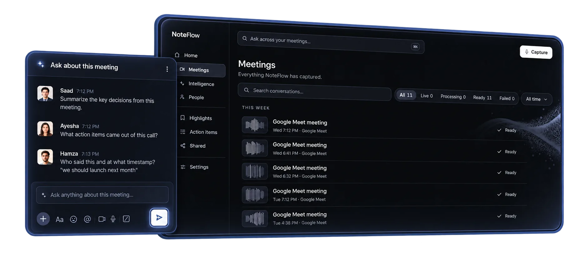 The NoteFlow dashboard listing captured meetings next to the Ask panel answering questions about a call